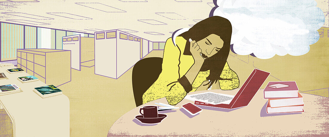 Woman reading in an office, illustration