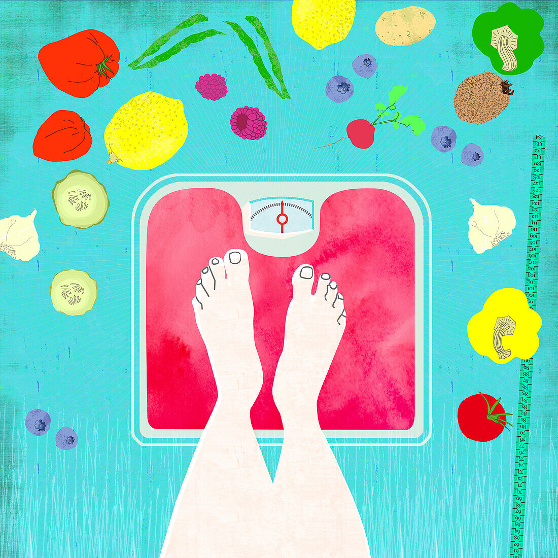 Feet on scales with a healthy diet, illustration