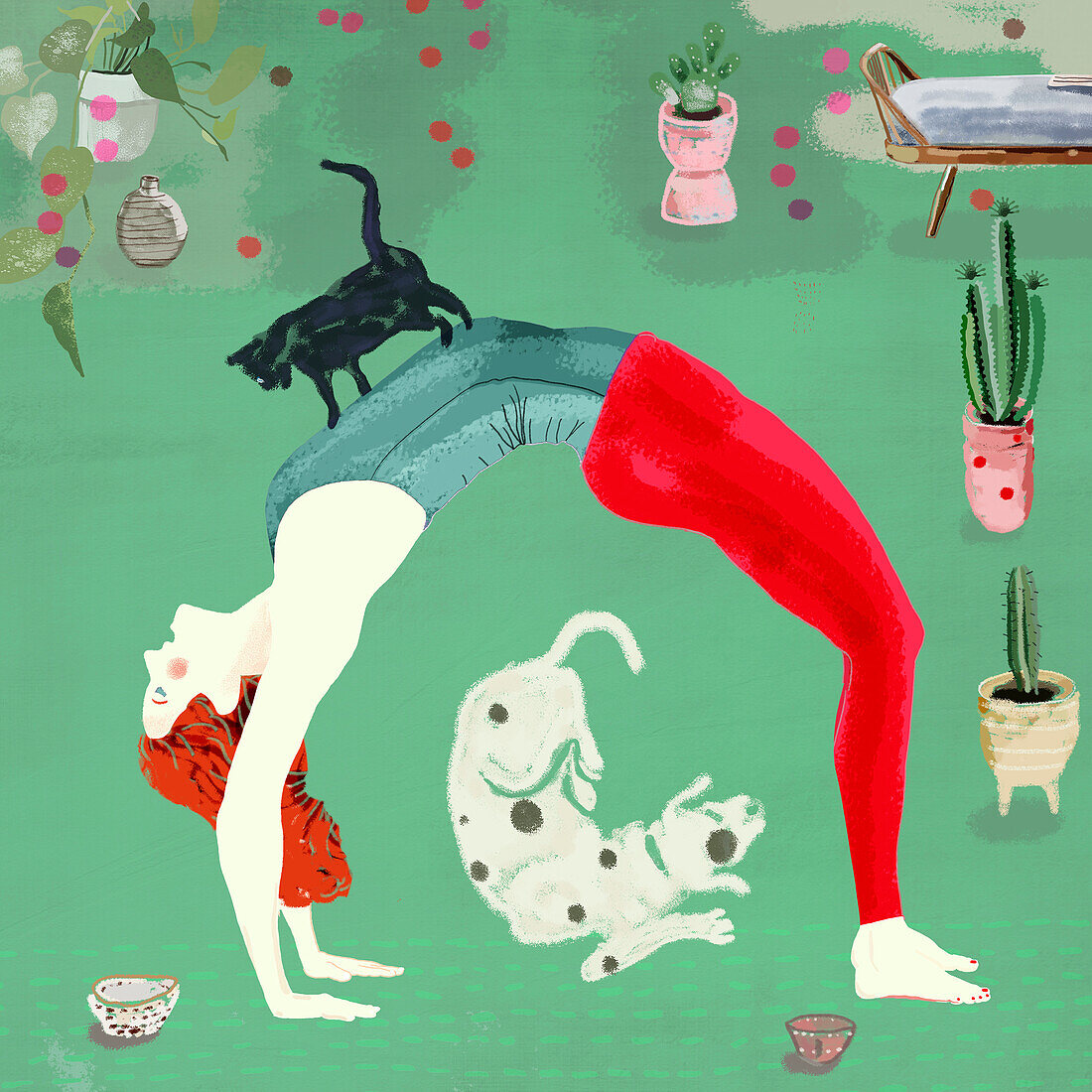Woman doing yoga next to pets, illustration