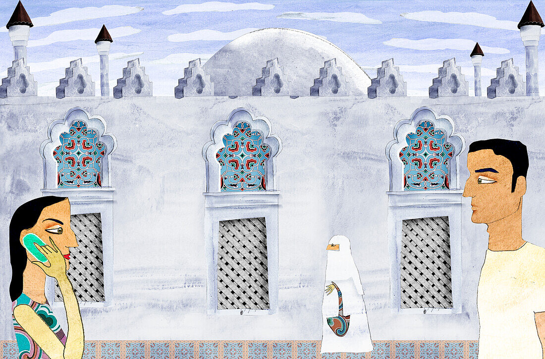 People outside a mosque, illustration