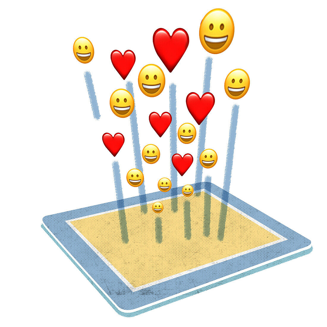 Happy faces and hearts jumping from a tablet, illustration