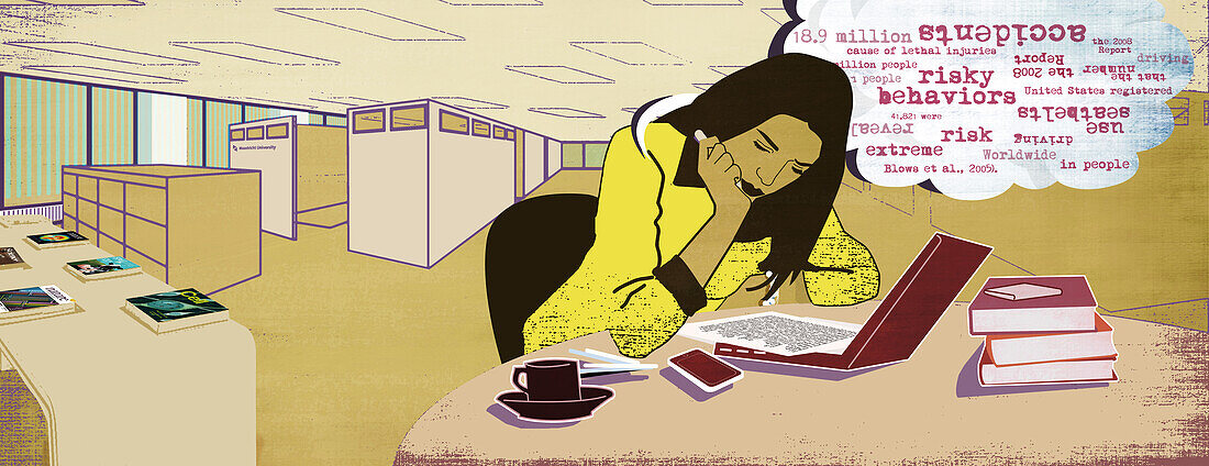 Woman reading in an office, illustration