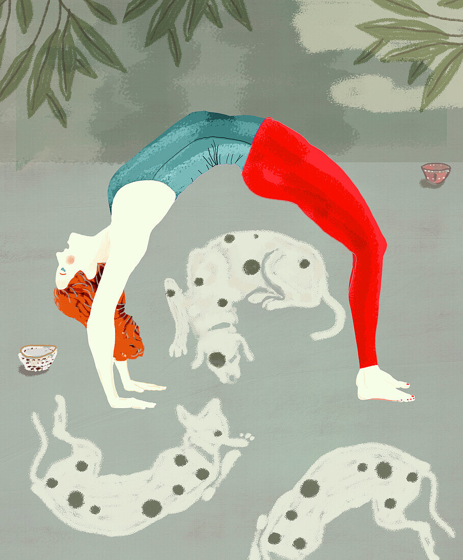 Woman doing yoga with dogs, illustration