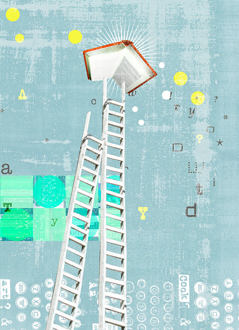 Ladder reaching for book, illustration