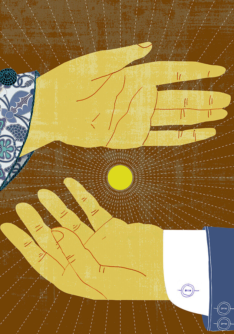 Hands exchanging a coin, conceptual illustration