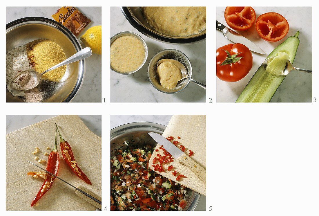 Making corn muffin and tomato and cucumber salsa