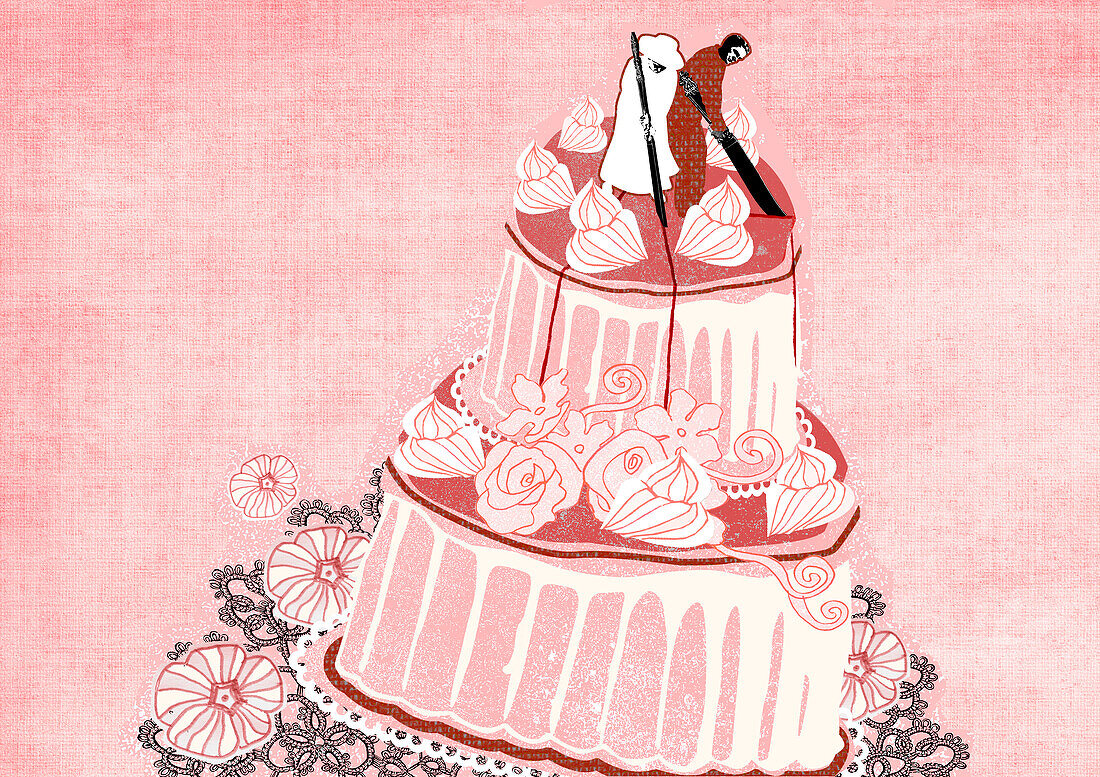 Couple cutting a wedding cake, illustration
