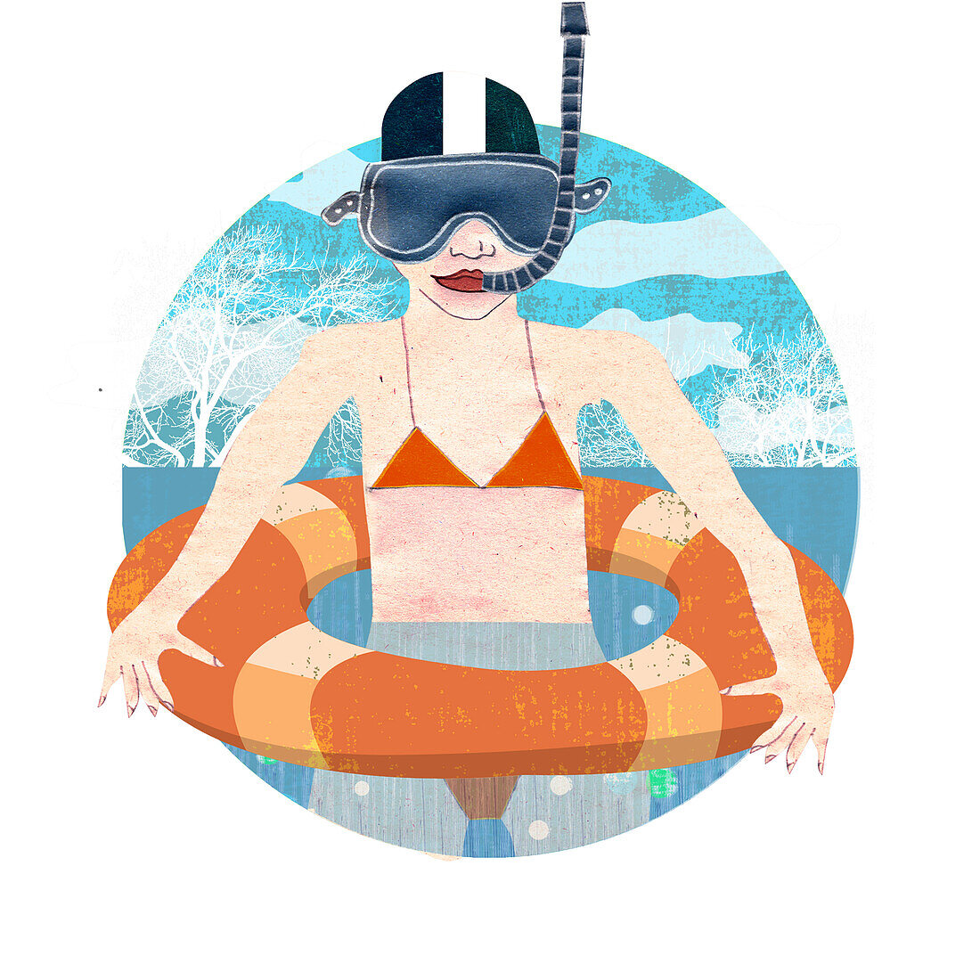 Woman wearing goggles swimming with a lifebuoy, illustration