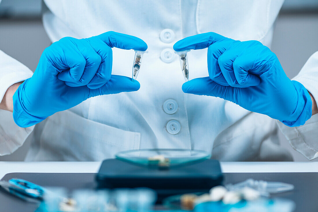 Technician holding microdoses of psilocybin