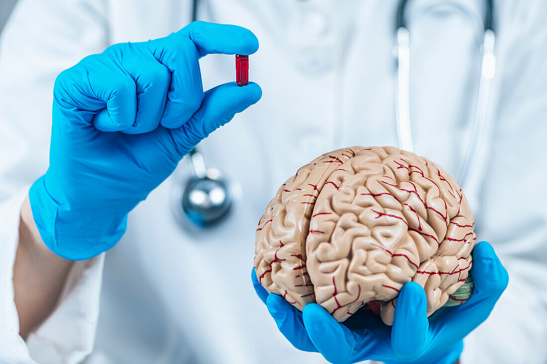 Female doctor holding model of brain and placebo pill