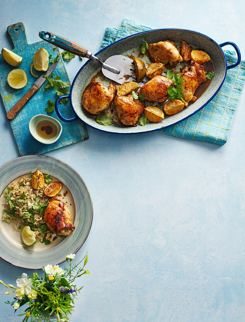 Fried chicken thighs with lime and rice
