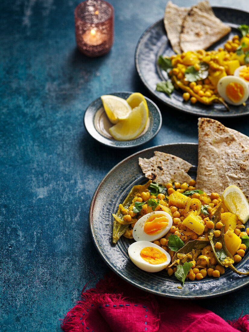 Klassisches Sana Biran - würzige Kichererbsen mit gekochtem Ei und Kartoffeln (für den Ramadan)