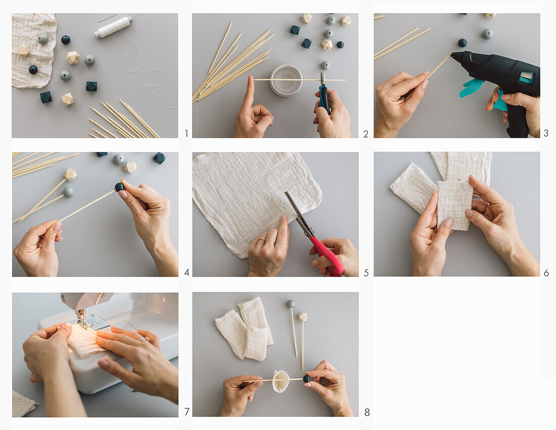 Making tea bags with wooden skewers as holders