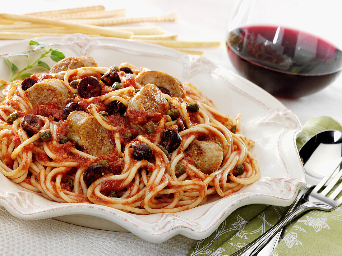 Pasta Puttanesca mit italienischer Wurst