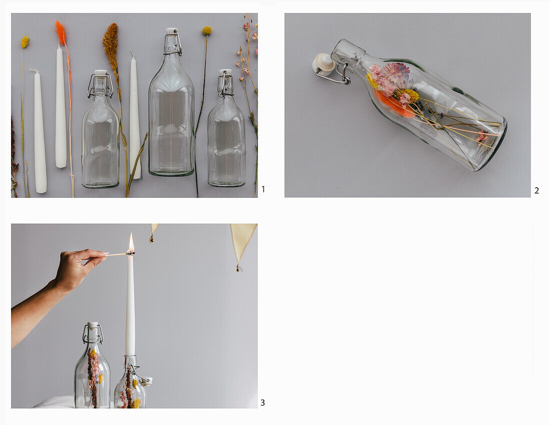 Making candlesticks from glass bottles with dried flowers