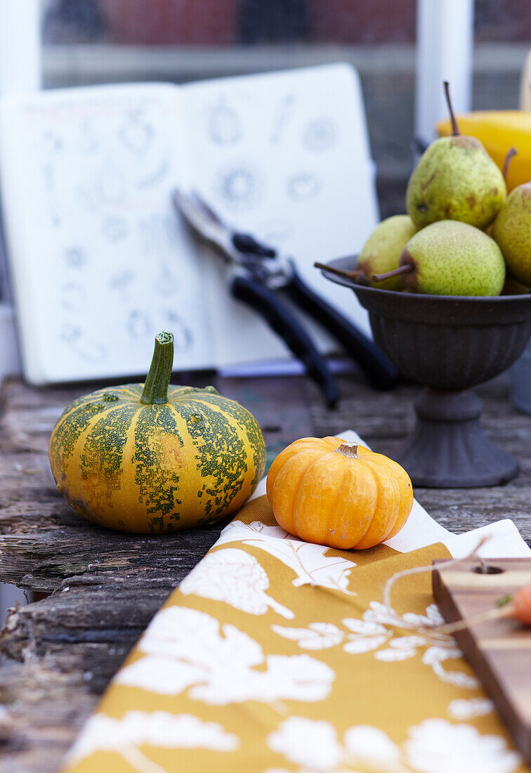 Autumnal table decoration with pumpkins and pears on wooden table