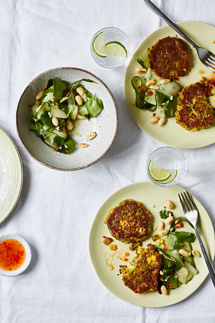 Thai corn fritters with a cucumber salad and chilli sauce