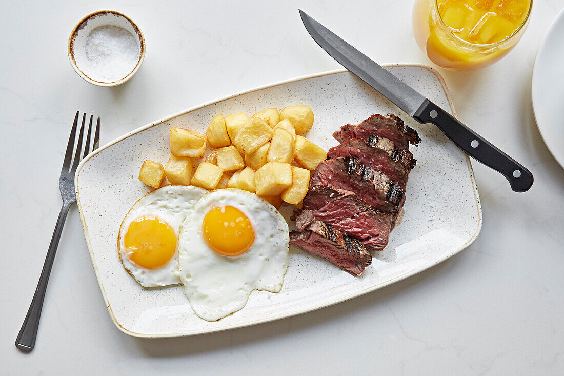 Steak with potatoes and fried eggs