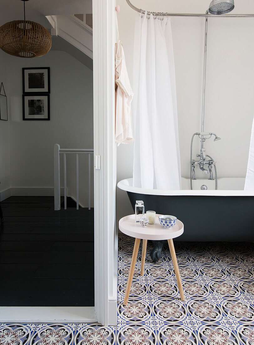 Freestanding bathtub with lion feet in bathroom with patterned tiles