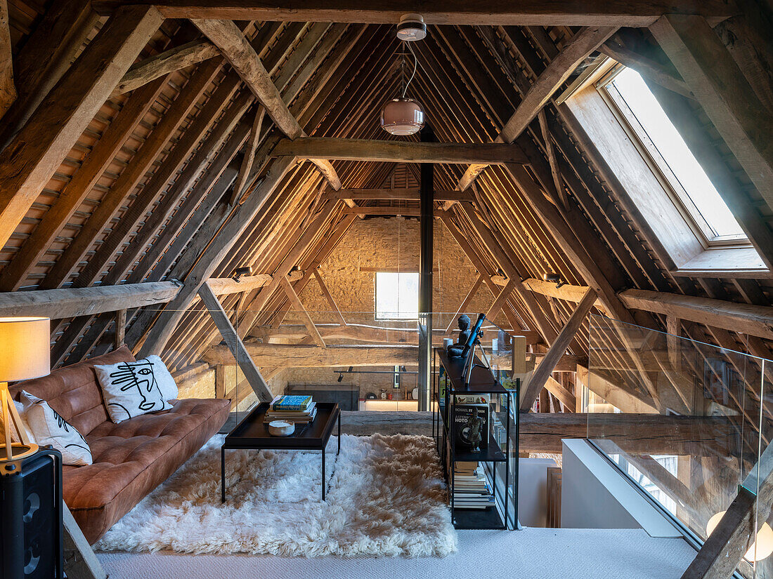 Upper sitting area in the rafters in a former barn