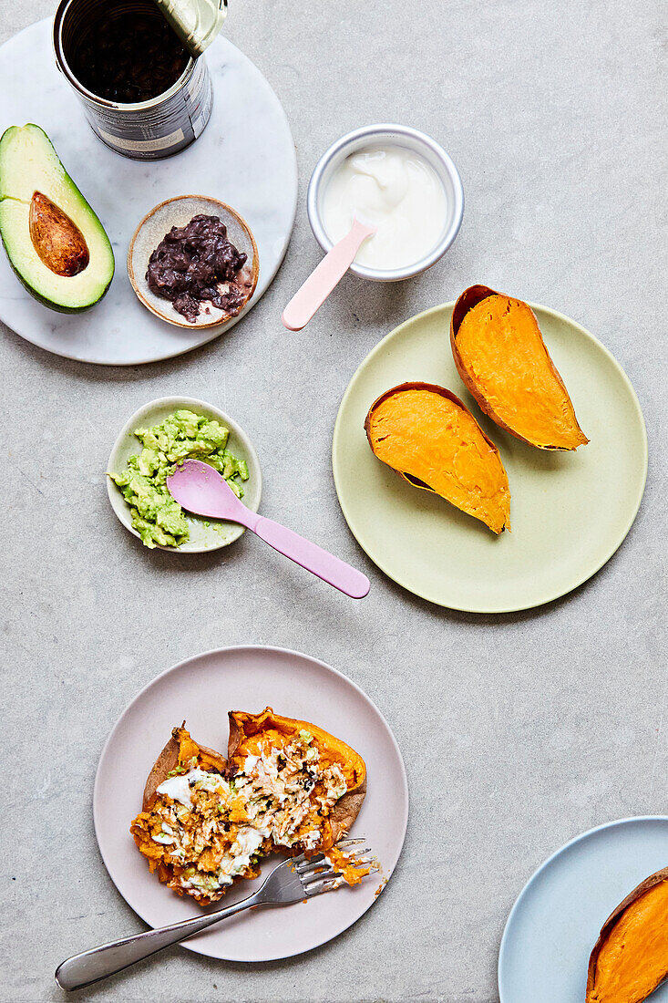 A children s meal, sweet potato, avocado and yoghurt