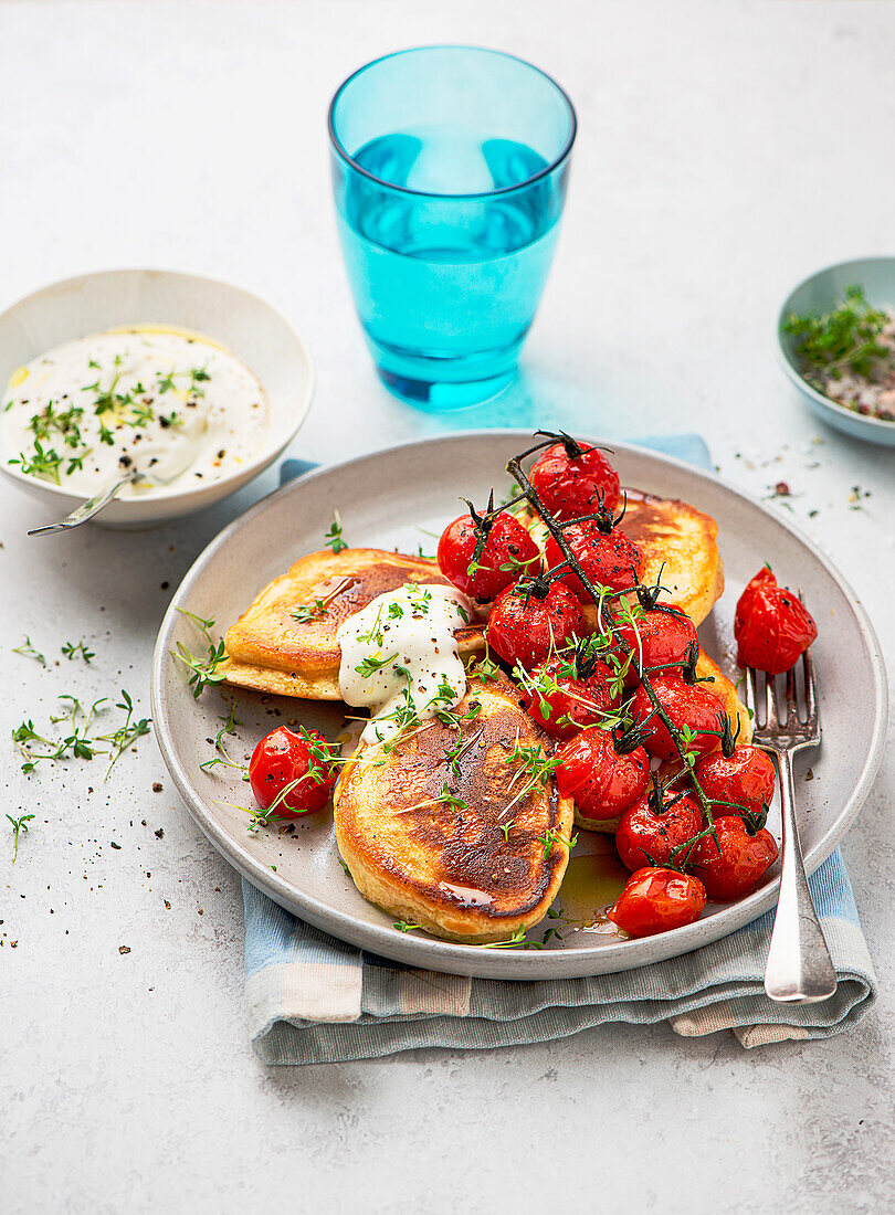 Pancakes mit Ofentomaten und Kräuterquark