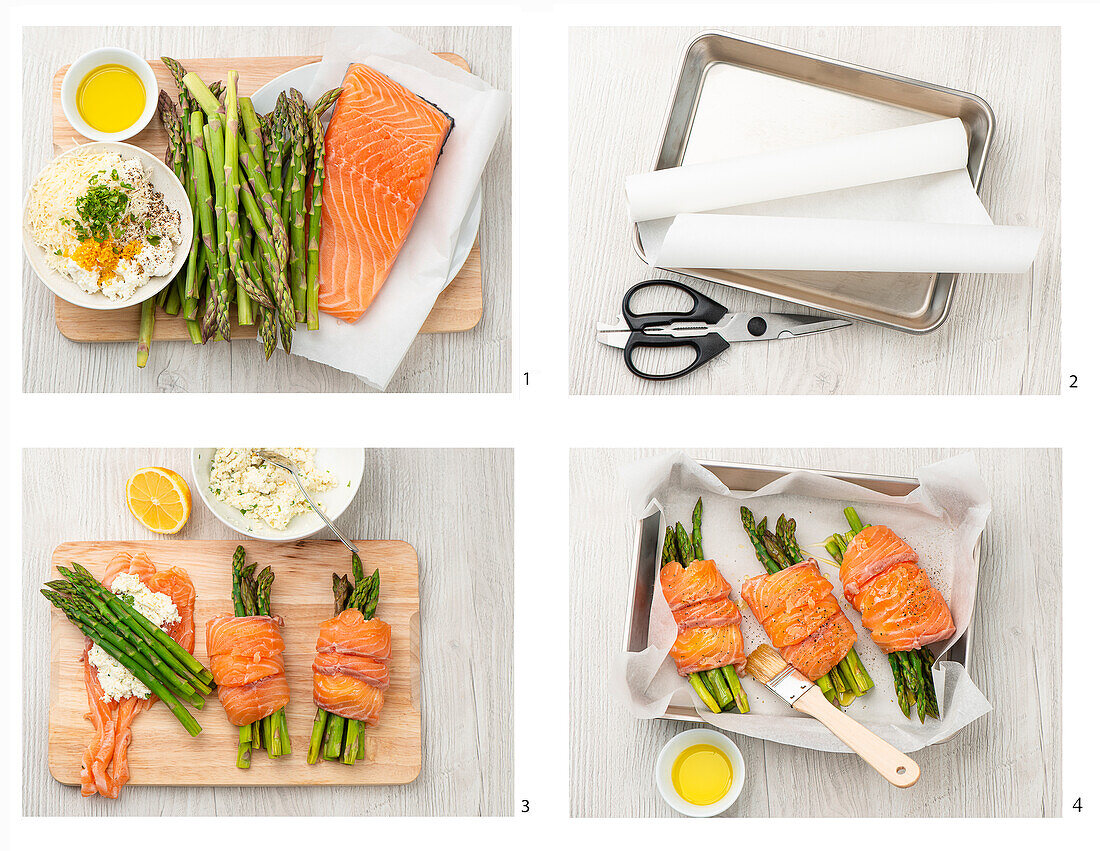 Preparing salmon roulades with curd filling and asparagus