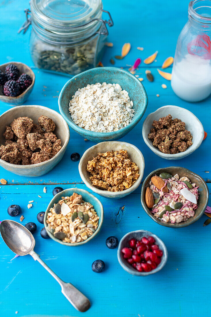 Ingredients for a healthy breakfast with granola