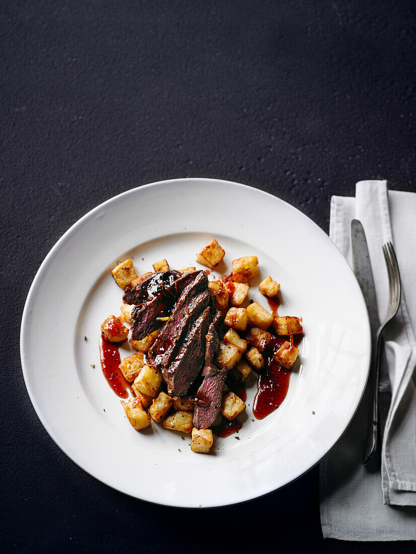 Hirschsteak mit gebuttertem Knollensellerie