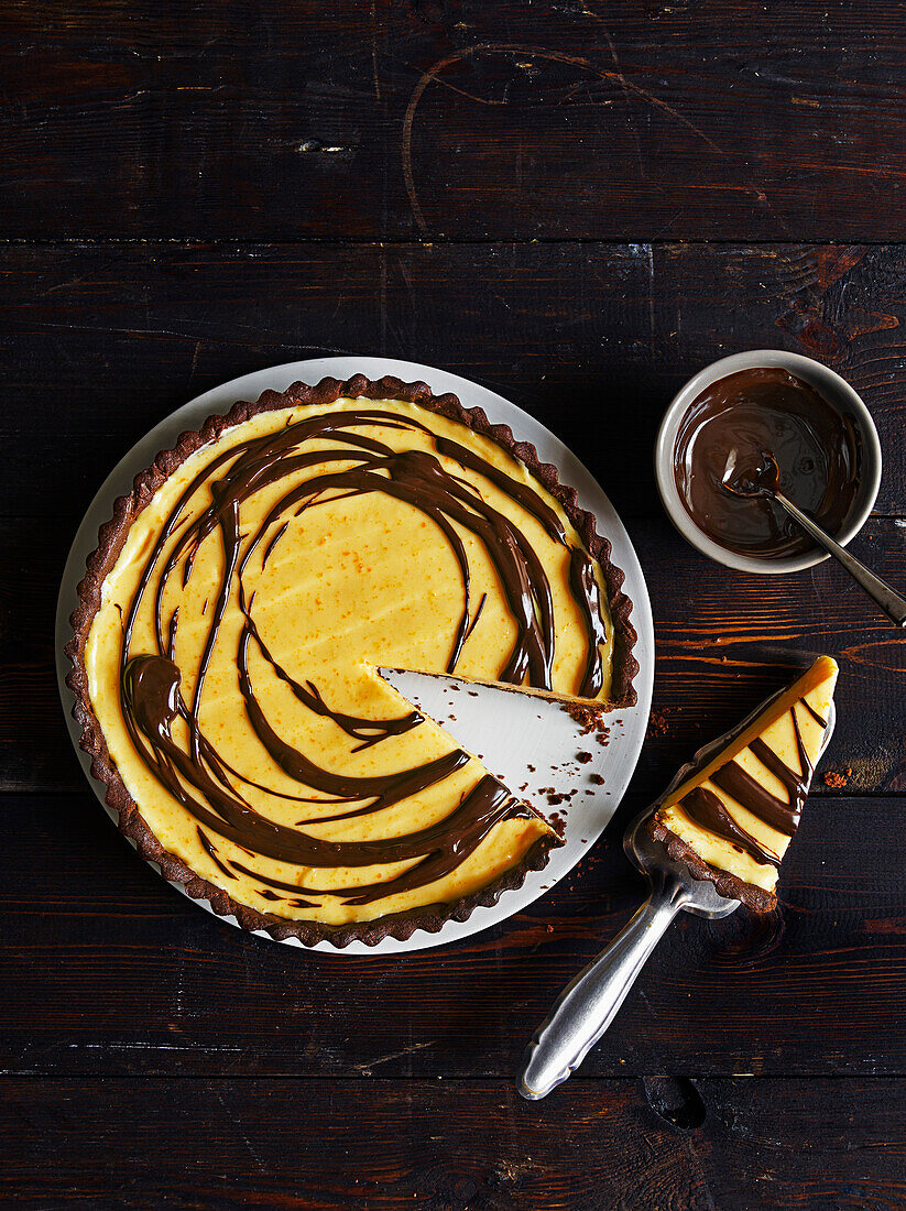 Orange and chocolate drizzle tart