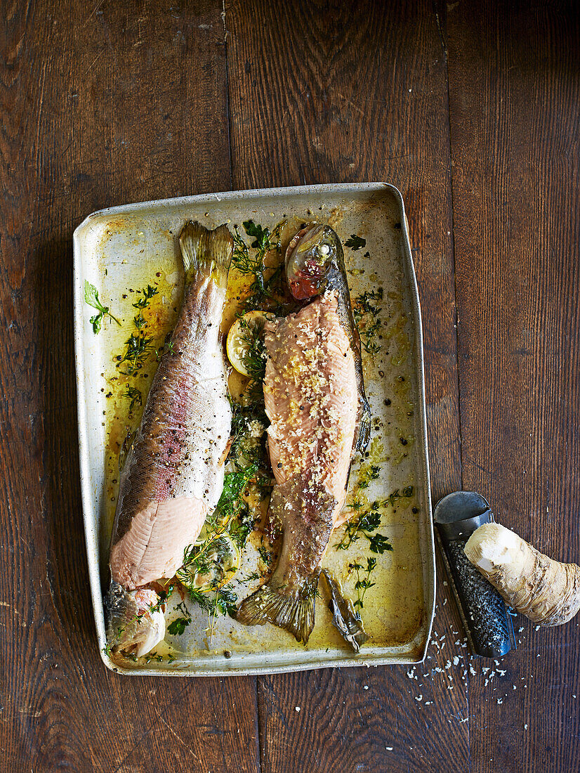 Oven-roasted trout with herbs