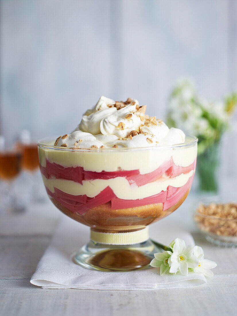 Rhubarb trifle with almond crumbs