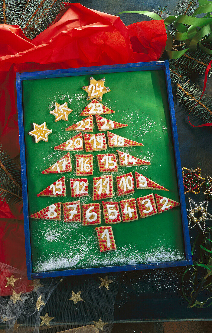 Cookie advent calendar in the shape of a Christmas tree