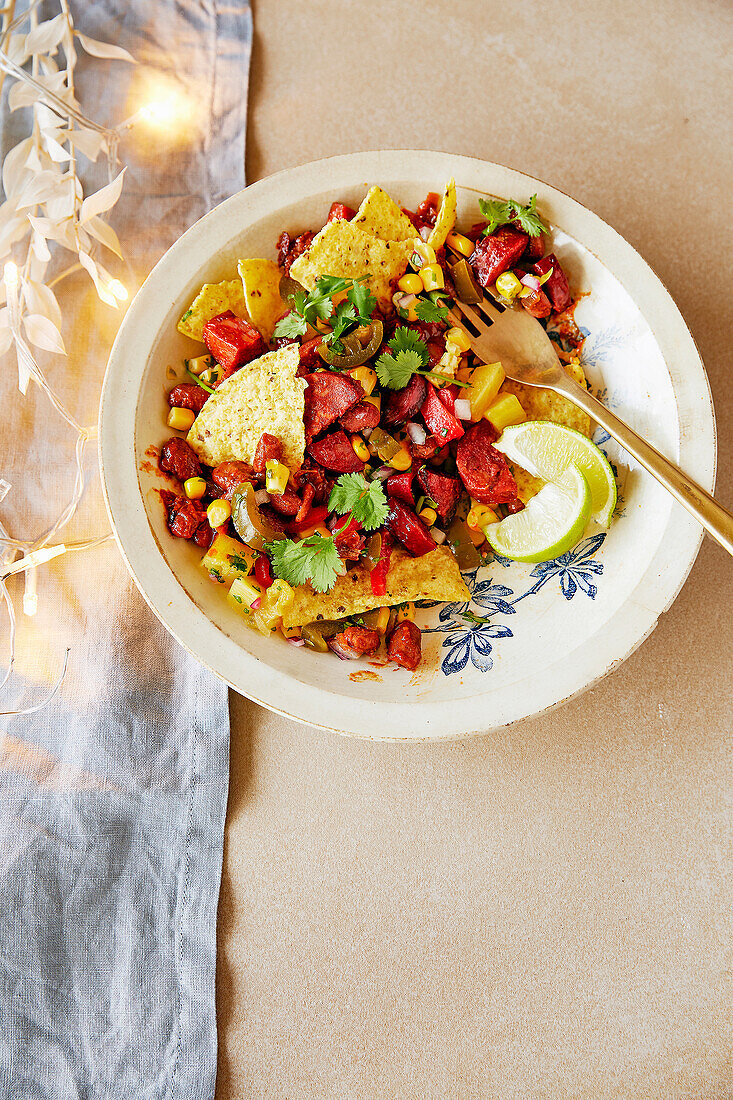 Chorizo and refried beans taco salad