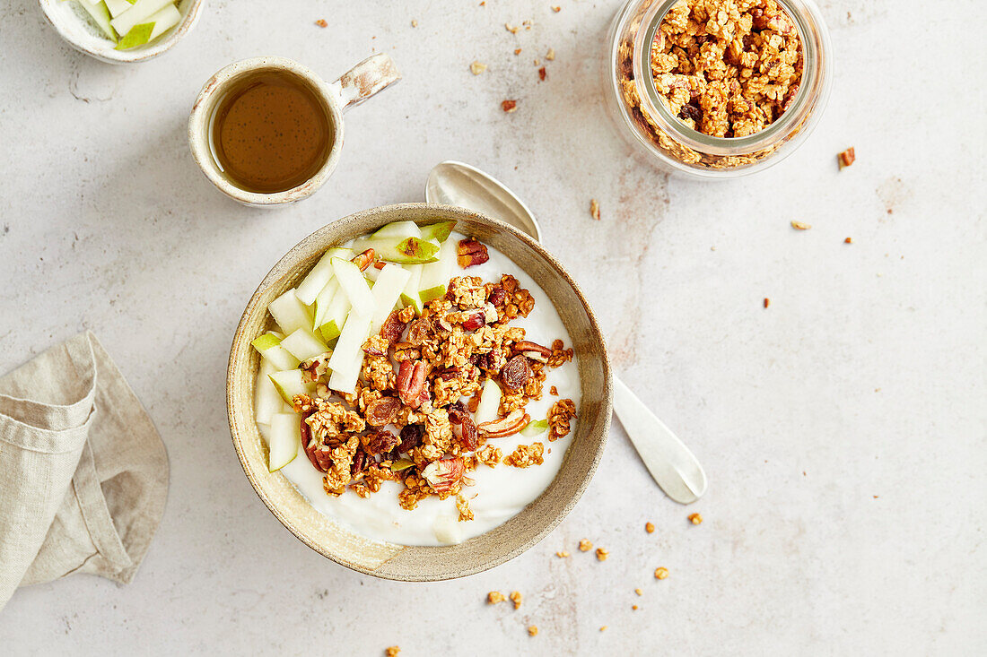 Tahini granola with pecans in a bowl