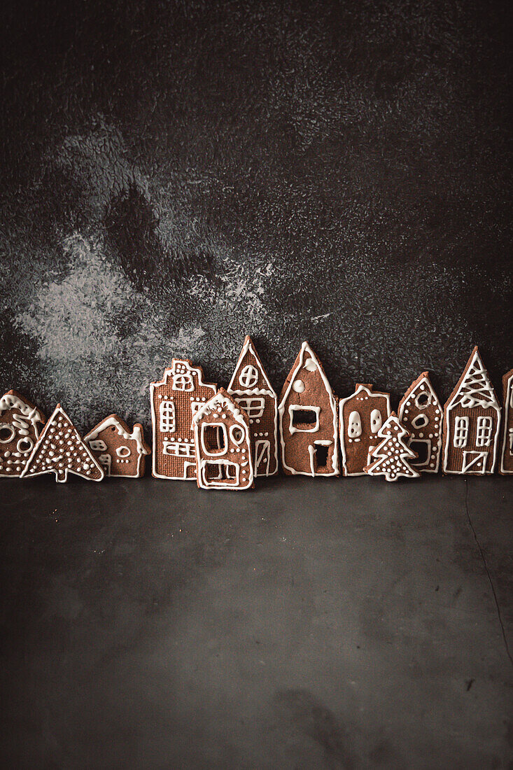 Decorated gingerbread Christmas village (house shape and fir tree shape)