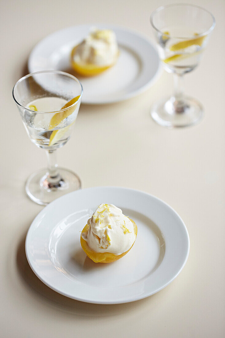 Lemon sorbet with cream, served with martinis