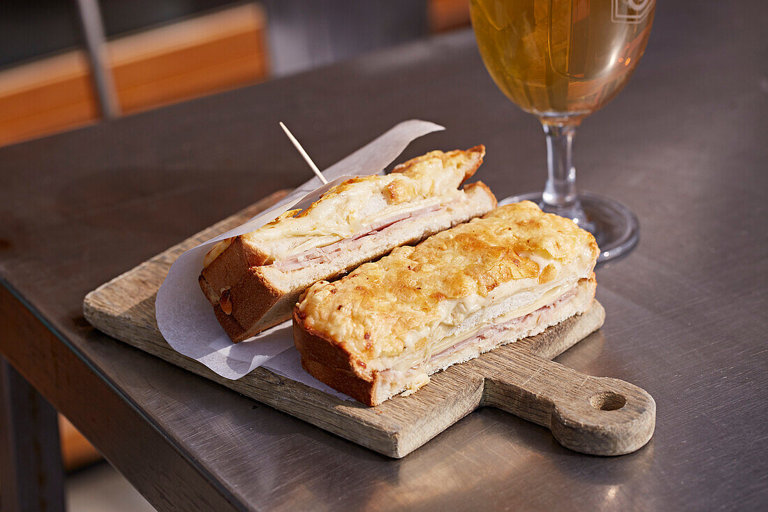 Croque monsieur served with a lager