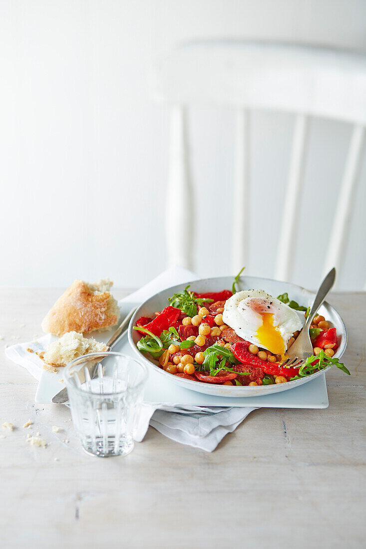 Roast pepper and chorizo salad with chickpeas and egg