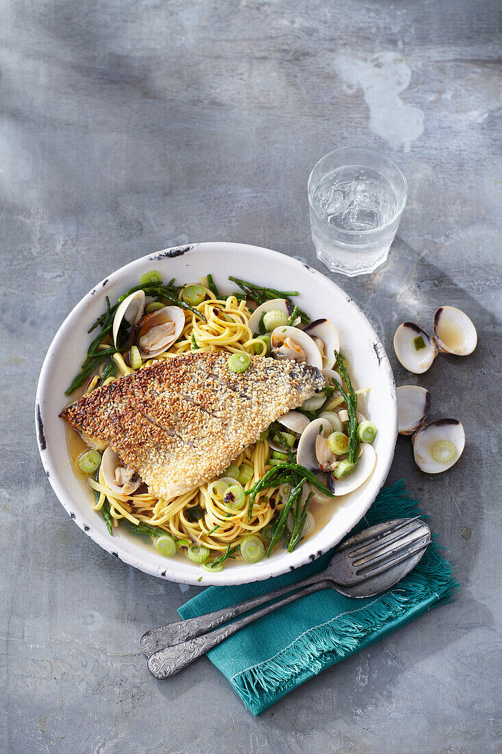 Sesame-crusted fish with samphire and clams
