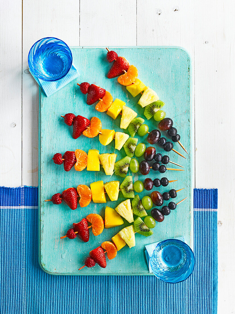 Rainbow coloured fruit skewers