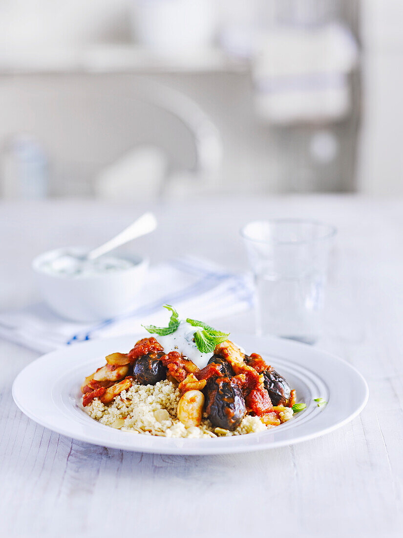 Auberginen-Tajine mit Zitrone und Minze, serviert mit Mandel-Couscous