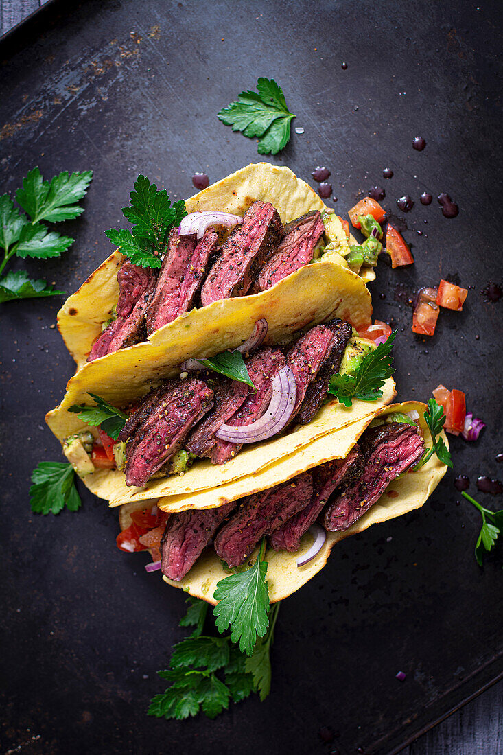 Tacos with seared skirt steak