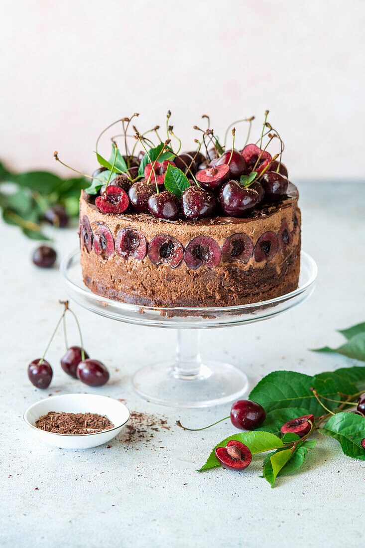 Chocolate mousse cake with cherries