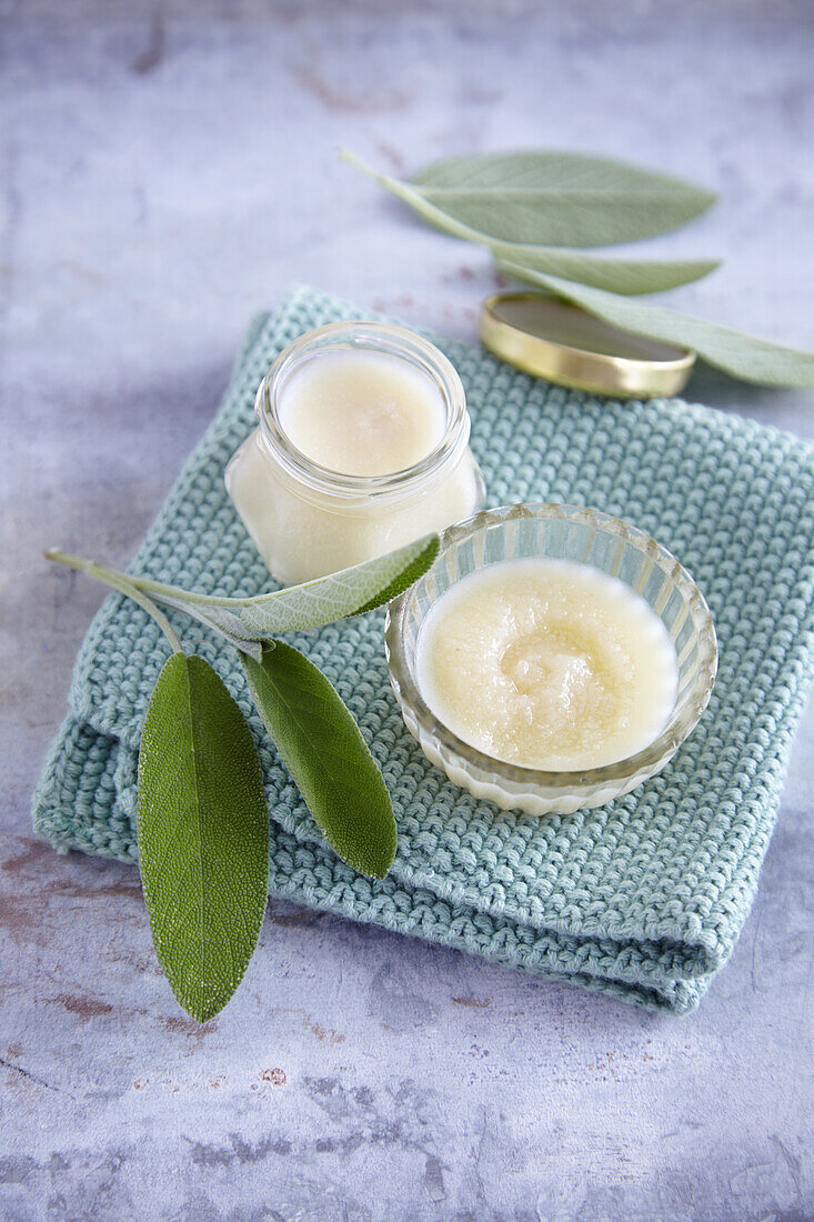 Homemade deodorant cream with sage and essential oils