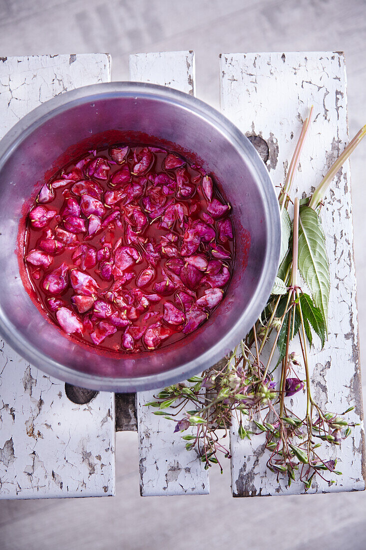 Petals of knapweed in a jar as syrup, syrup preparation