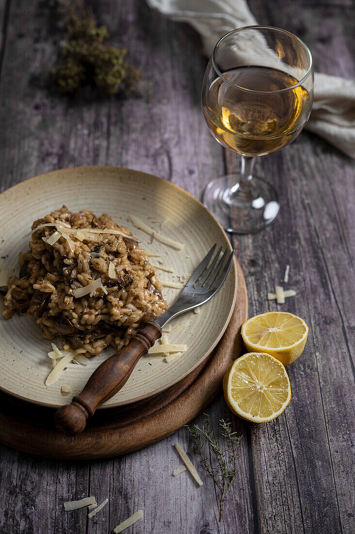 Mushroom risotto and a glass of white wine