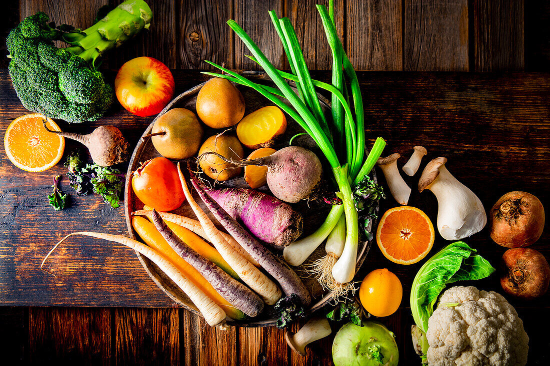 Seasonal winter vegetables and fruit