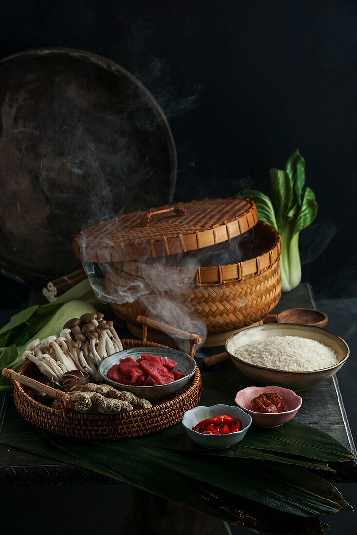 Ingredients for Oriental dishes made in a bamboo steamer