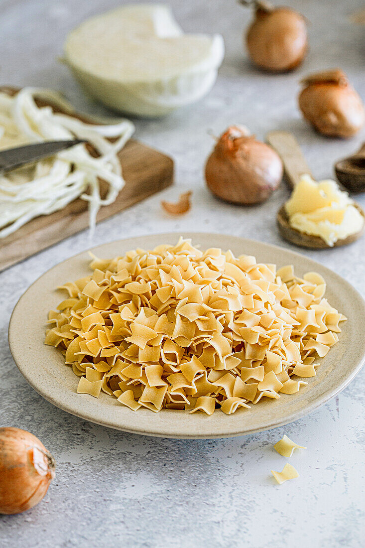 Ingredients for Krautfleckerln (pasta and cabbage sauce)